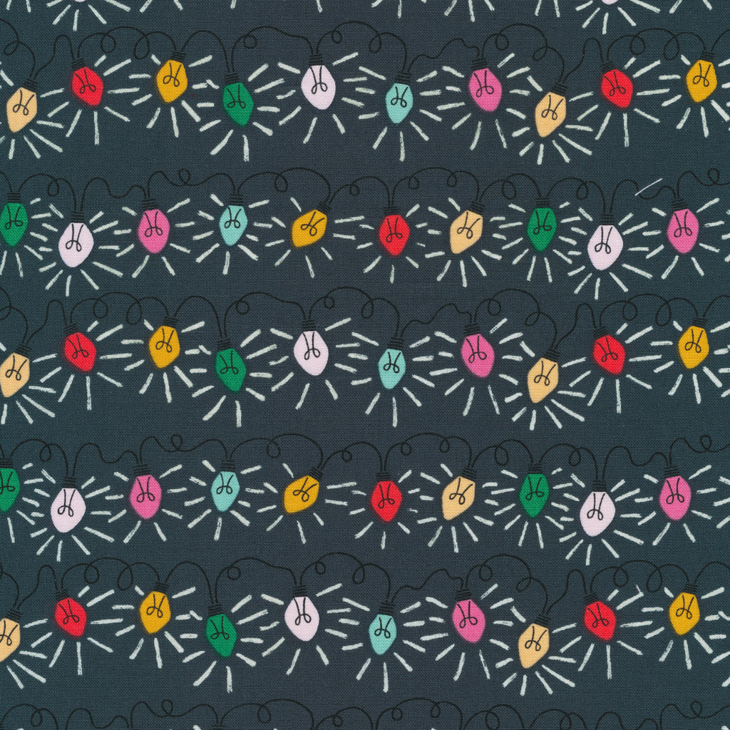 Cloud9 Fabrics, Winter Wonderland, Celebration Lights - dark green fabric with colorful christmas lights in red, pink, yellow, green and aqua
