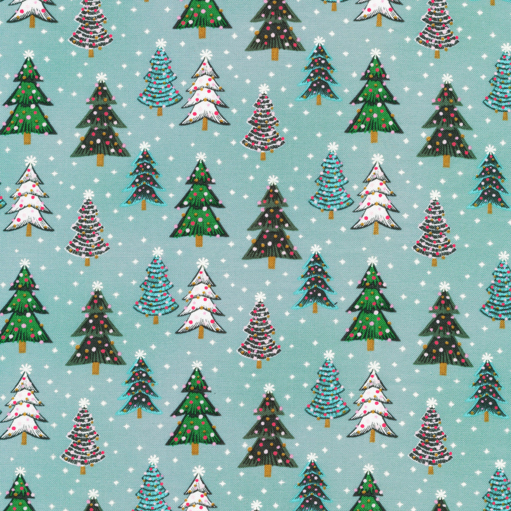Copy of Cloud9 Fabrics, Winter Wonderland, Festive Forest - green and white Christmas trees on an aqua background with snowflakes