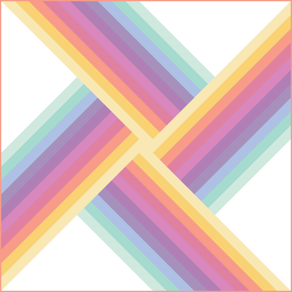 Adventurland Quilt Kit curated by Going Coastal Fabrics | Adventureland quilt pattern designed by Suzy Quilts | Pastel rainbow colors in a repeating pinwheel on a white background.