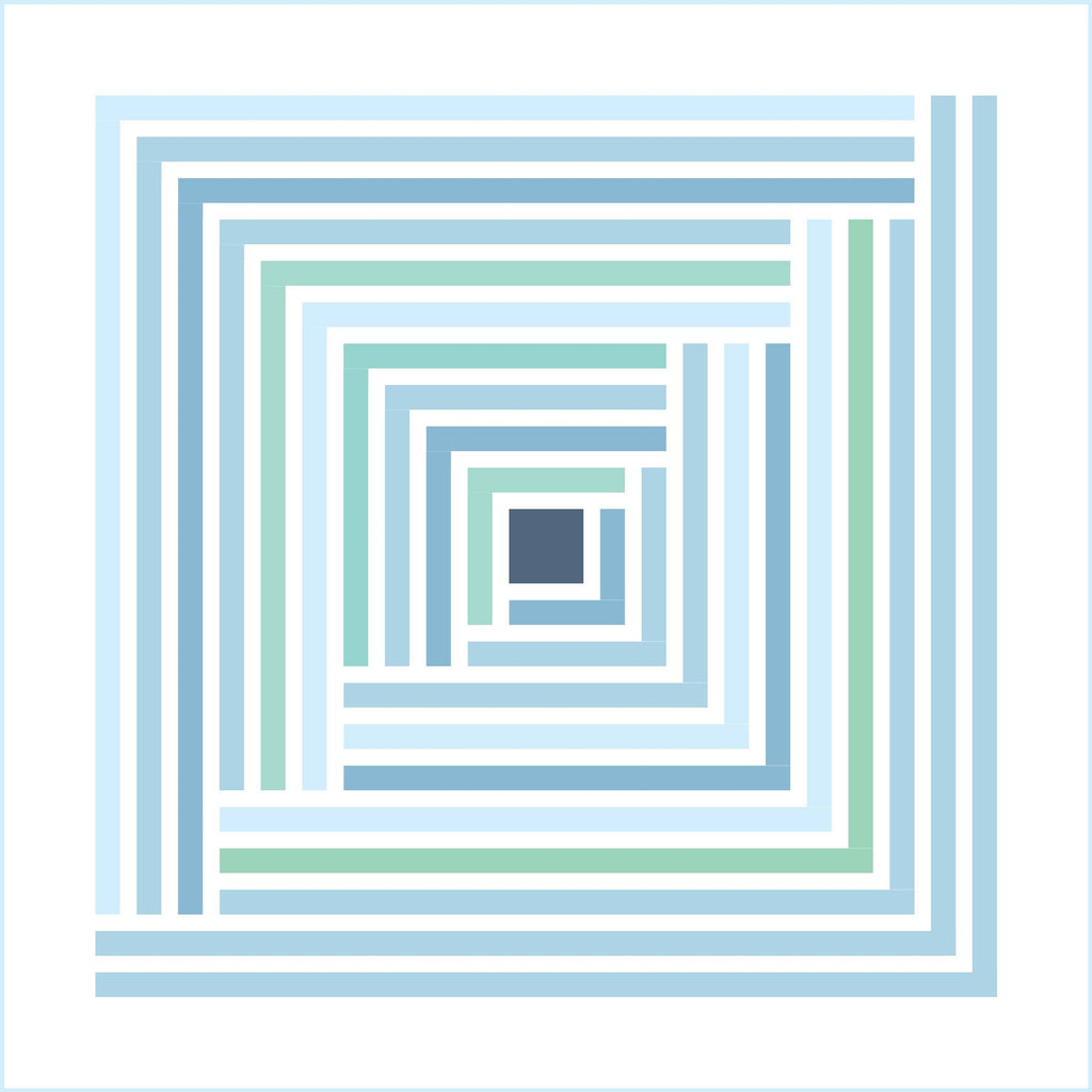 Geometric pattern of nested squares in coastal blues and greens on a white background