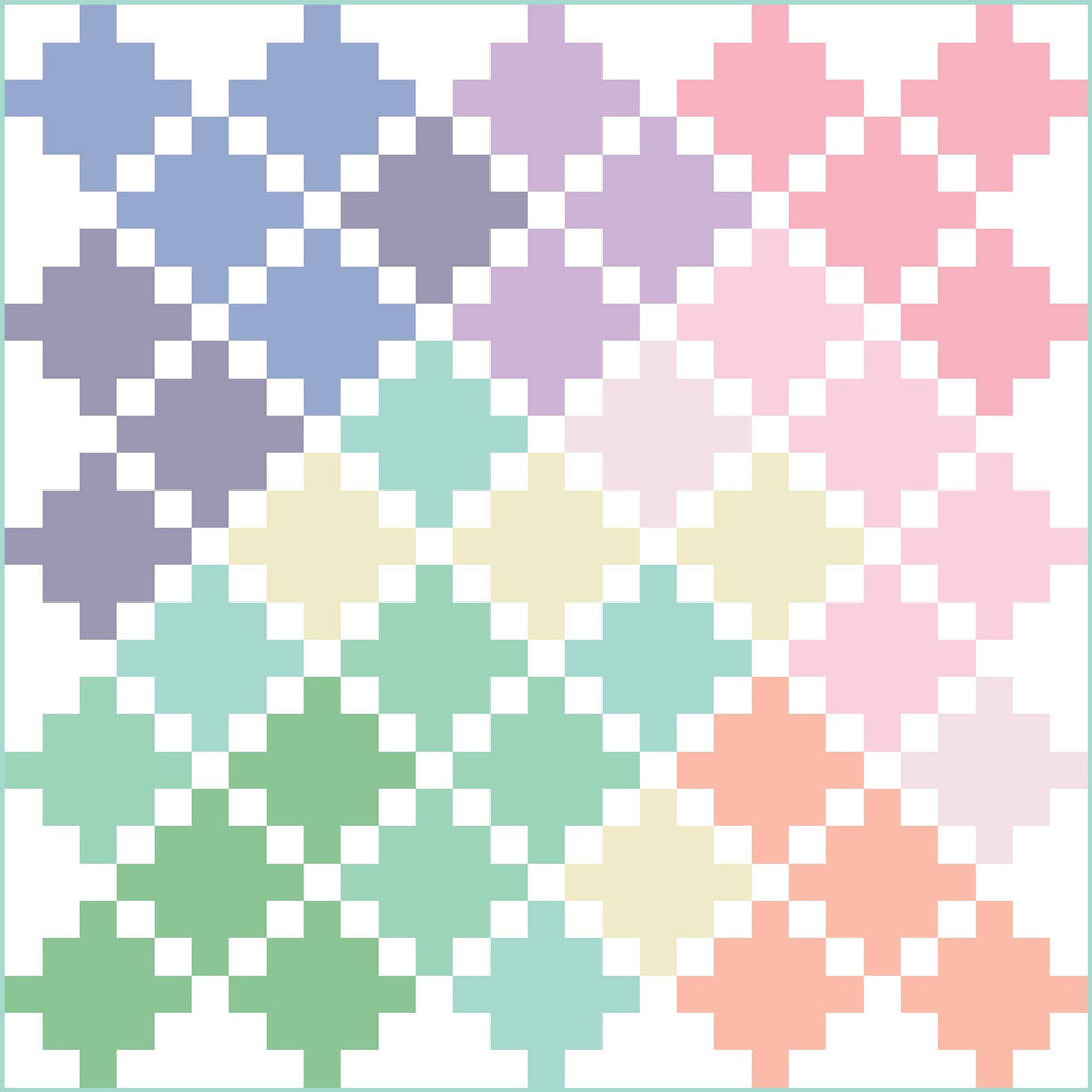 Modern Irish Chain quilt withcolorful pastel blocks on a white background