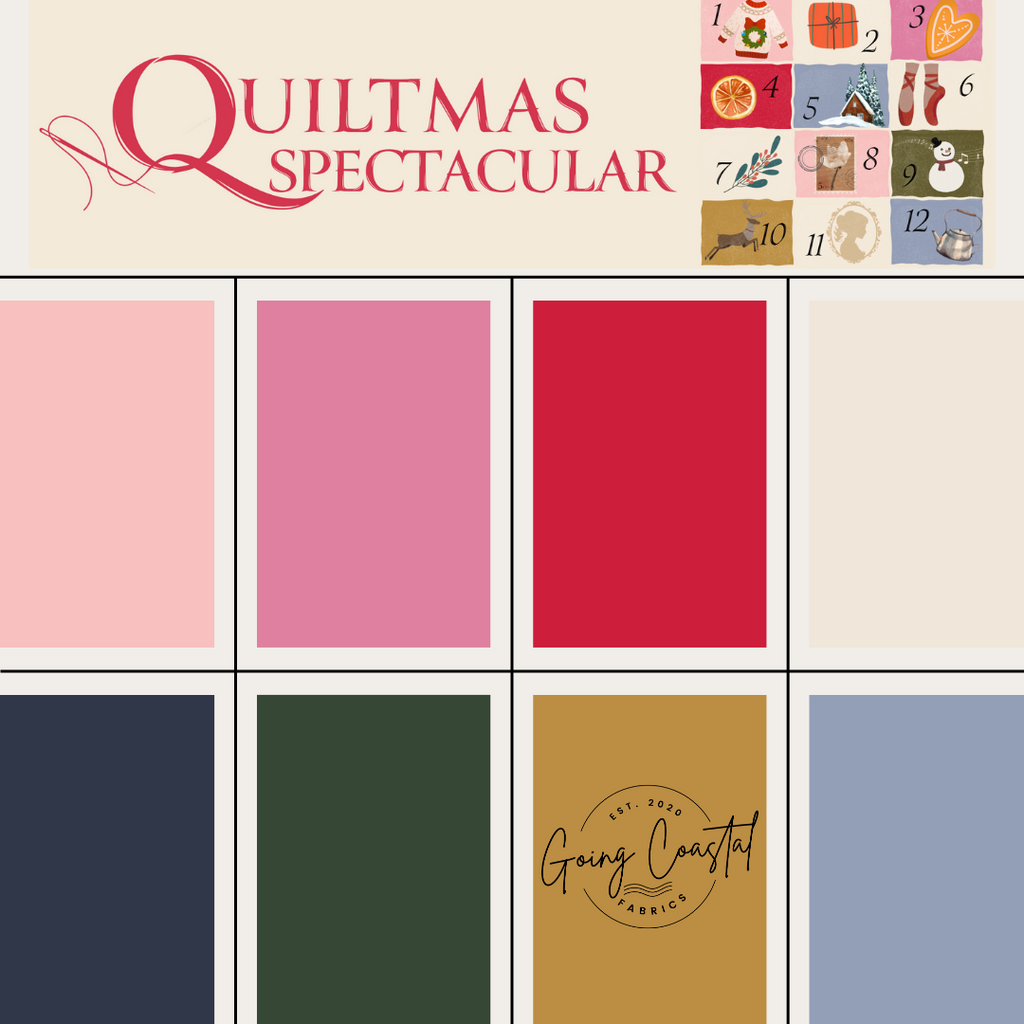 Color swatches with 'Quiltmas Spectacular' and 'Going Coastal Fabrics' branding on a beige background.