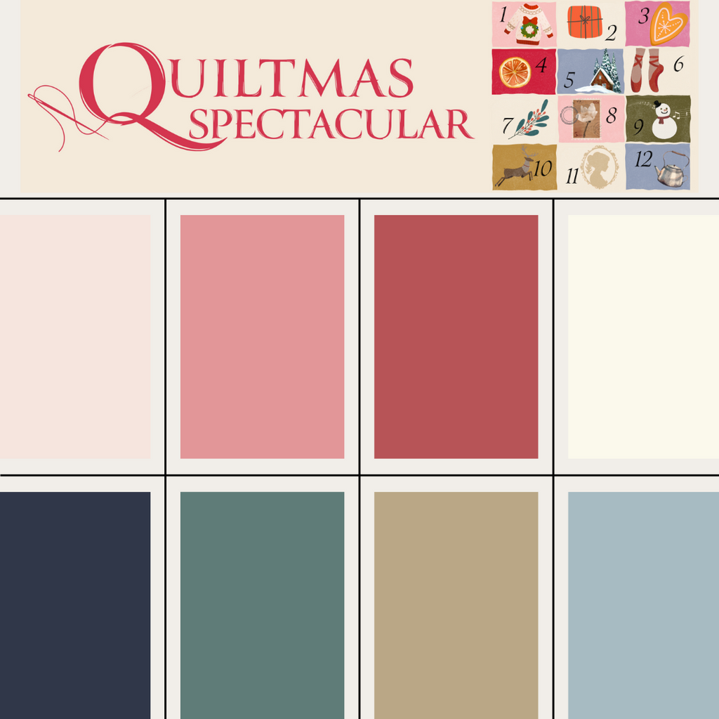 Color swatches with 'Quiltmas Spectacular' branding and a calendar on a beige background.