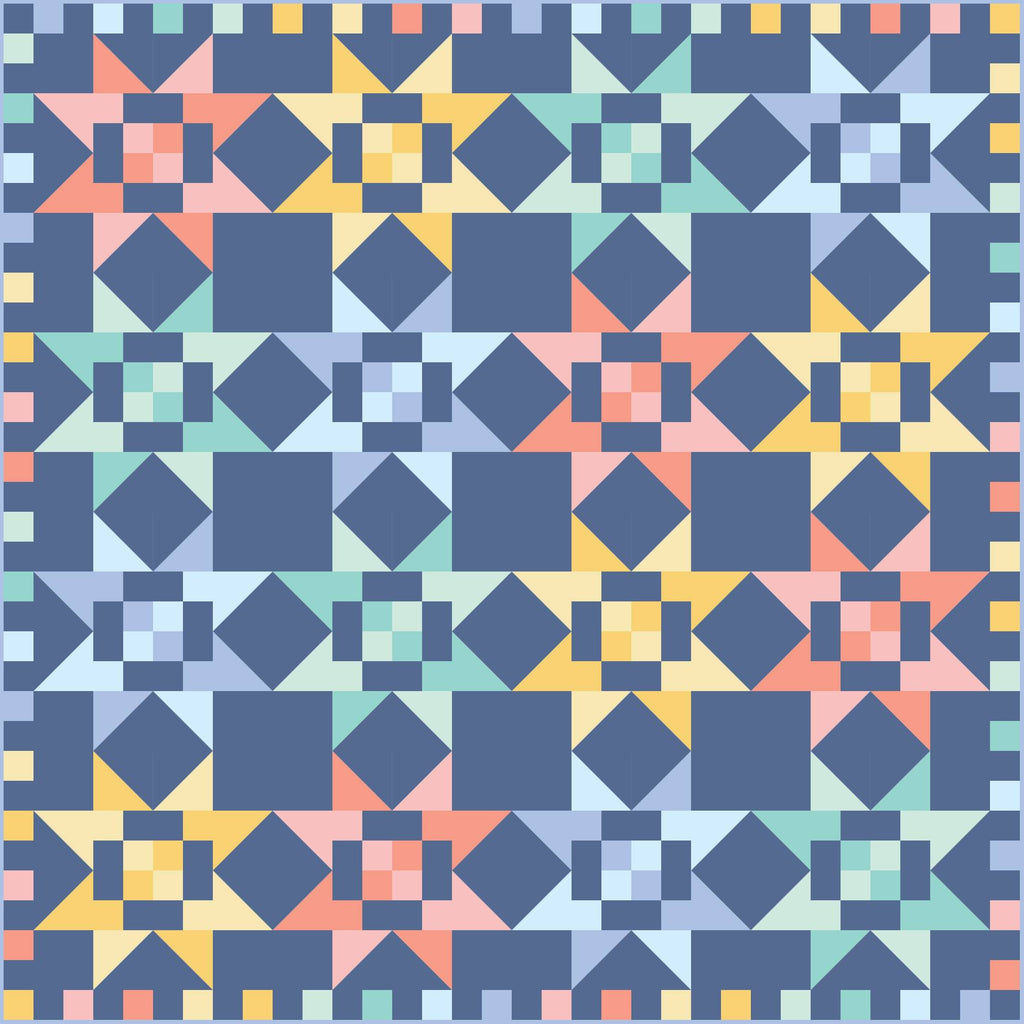 Fat Quarter Stars quilt kit curated by Going Coastal Fabrics | pattern designed by Suzy Quilts | colorful stars in rainbow colors on a dark blue background
