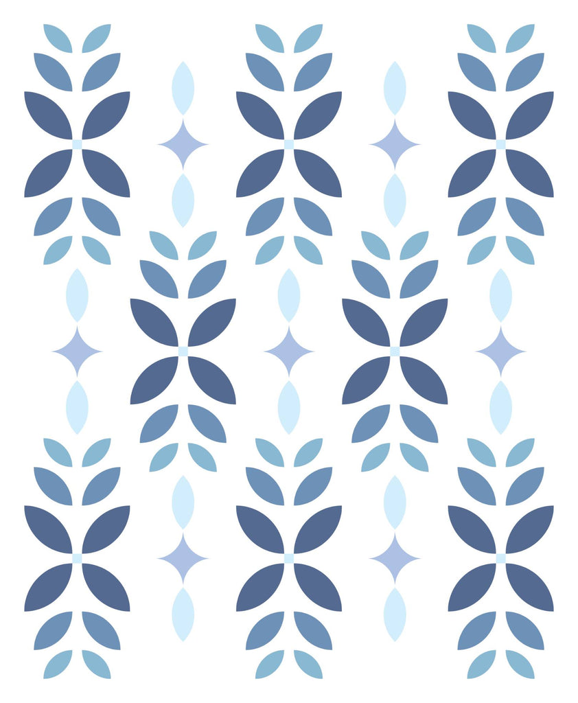Flora Fields quilt kit curated by Going Coastal Fabrics. Blue florals on a white background.