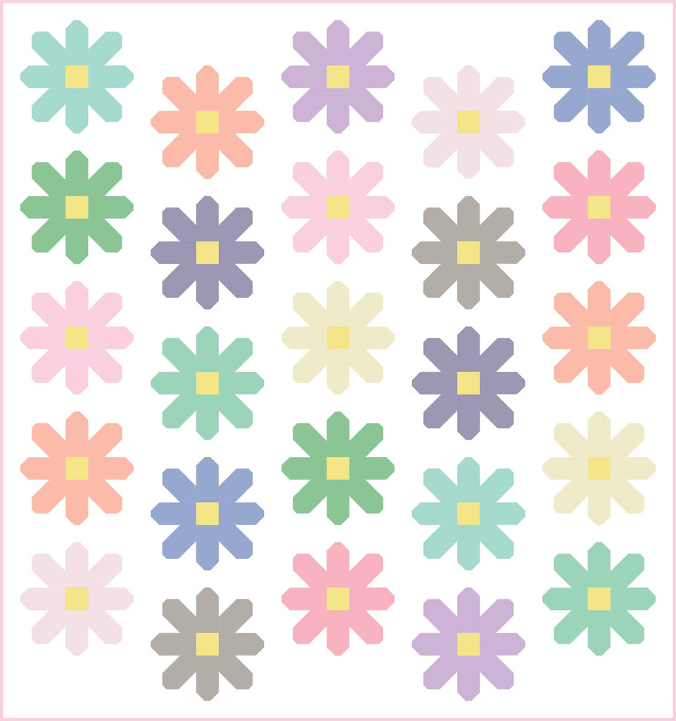 Colorful daisies on a white background made with Art Gallery Fabrics PURE Solids fabrics. Fresh as a Daisy quilt pattern designed by Lo & Behold Stitchery.
