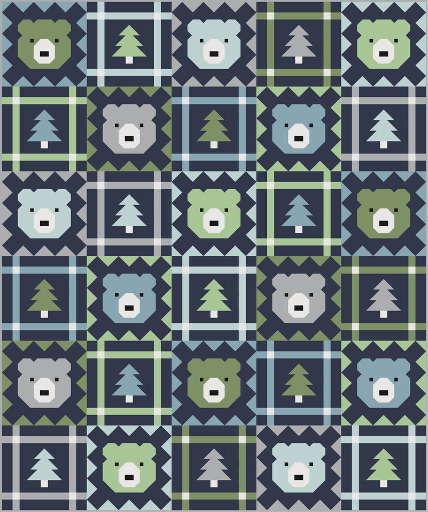 Pattern of bears and trees on a checkered background | Grizzly Grove Quilt Kit curated by Going Coastal Fabrics | Pattern designed by Pen + Paper Patterns