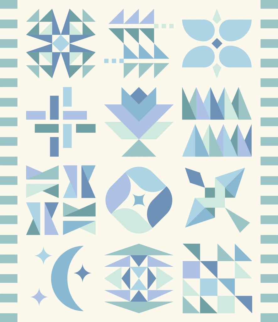 Geometric pattern with blue and green shapes on a light background | Quilt kit for Eudaimonia Studios Hand + Soul 2026 Block of the Month curated by Going Coastal Fabrics