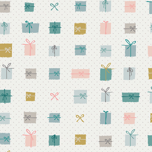 Pattern of colorful gift boxes with ribbons on a light background | Art Gallery Fabrics | Little Town Gifted by Amy Sinibaldi