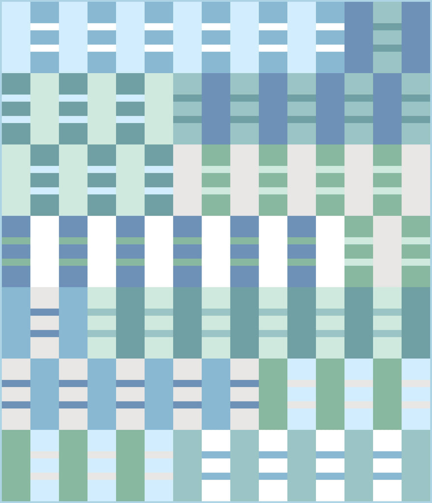 Ruby Sue Quilt Kit curated by Going Coastal Fabircs. Ruby Sue quilt pattern designed by Lo & Behold Stitchery. Coastal colors in an advanced beginner quilt.
