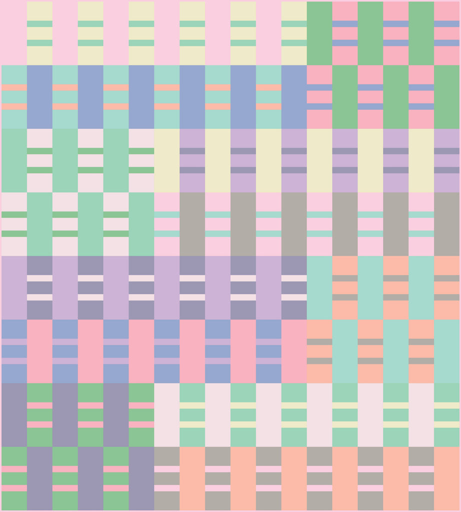 Ruby Sue Quilt Kit curated by Going Coastsal Fabrics. Ruby Sue quilt pattern designed by Lo & Behold Stitchery. Pastel PURE Solids from Art Gallery Fabrics.
