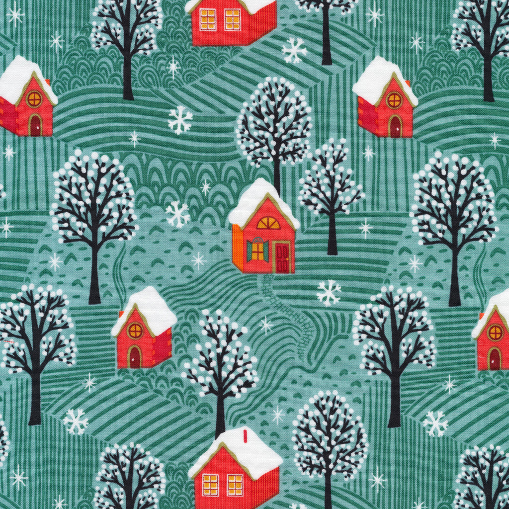 Cloud9 Fabrics, Winter Wonderland, Cozy Christmas - red houses on a green background with snow covered trees and snowflakes