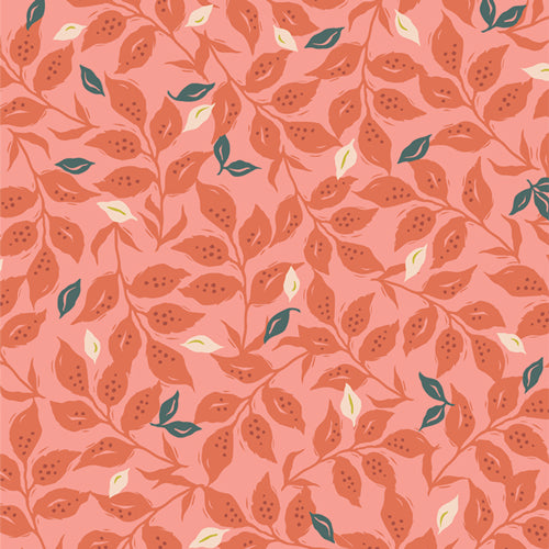 Pattern of leaves on a pink background | Art Gallery Fabrics | Velvet | Woodcut Sunset designed by Amy Sinibaldi