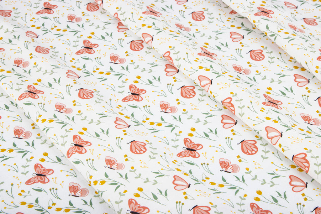 Butterfly print on white from Daybreak, Fran Gulick, Cotton and Joy, Riley Blake Designs