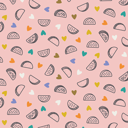 Pink fabric with tacos and hearts
